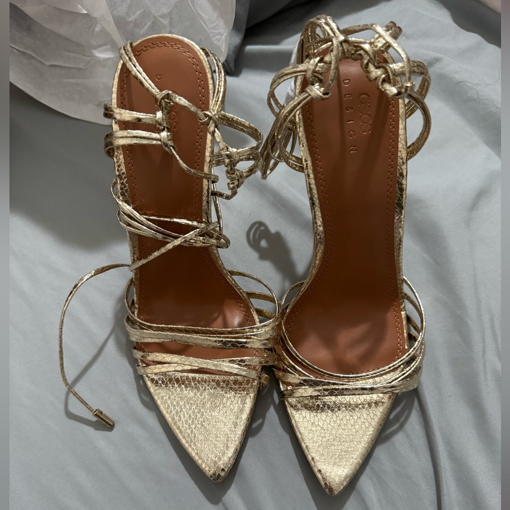 ASOS NANDI STRAPPY POINTED HIGH HEEL- gold snake